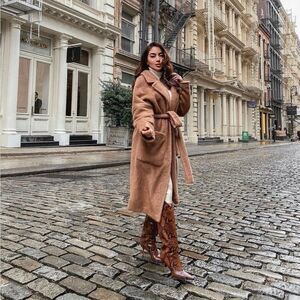 NWT Zara Faux Fur Blogger Jacket Trench Coat Camel Tan Belted Women’s Size Small